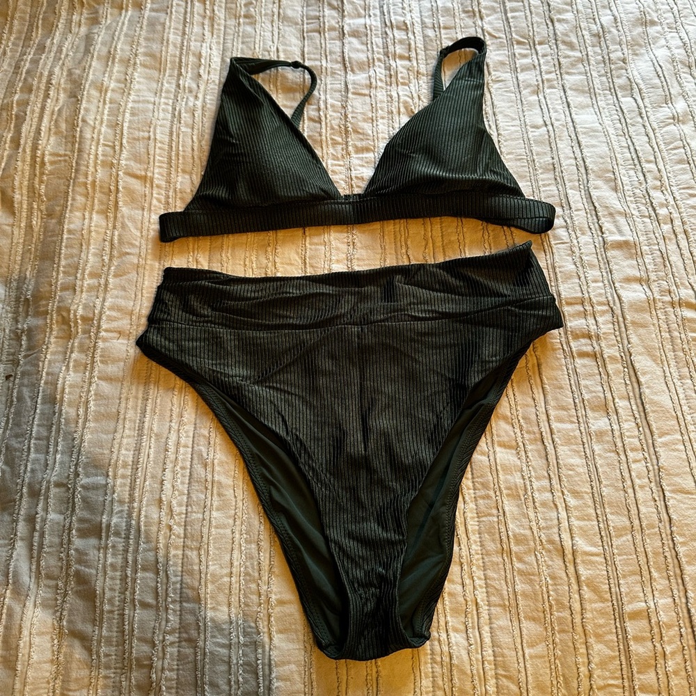 Aerie Olive Green Ribbed Bikini Set Triangle Top High Cut Cheeky Bottom Large